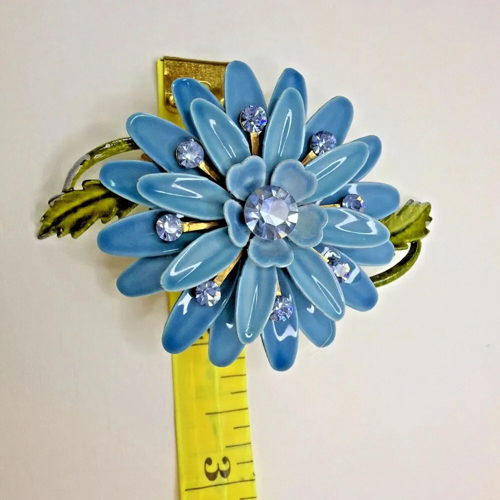 Vintage 1960s Blue Enamel Flower Brooch Rhinestone Mod Flower Power Pin - AS IS